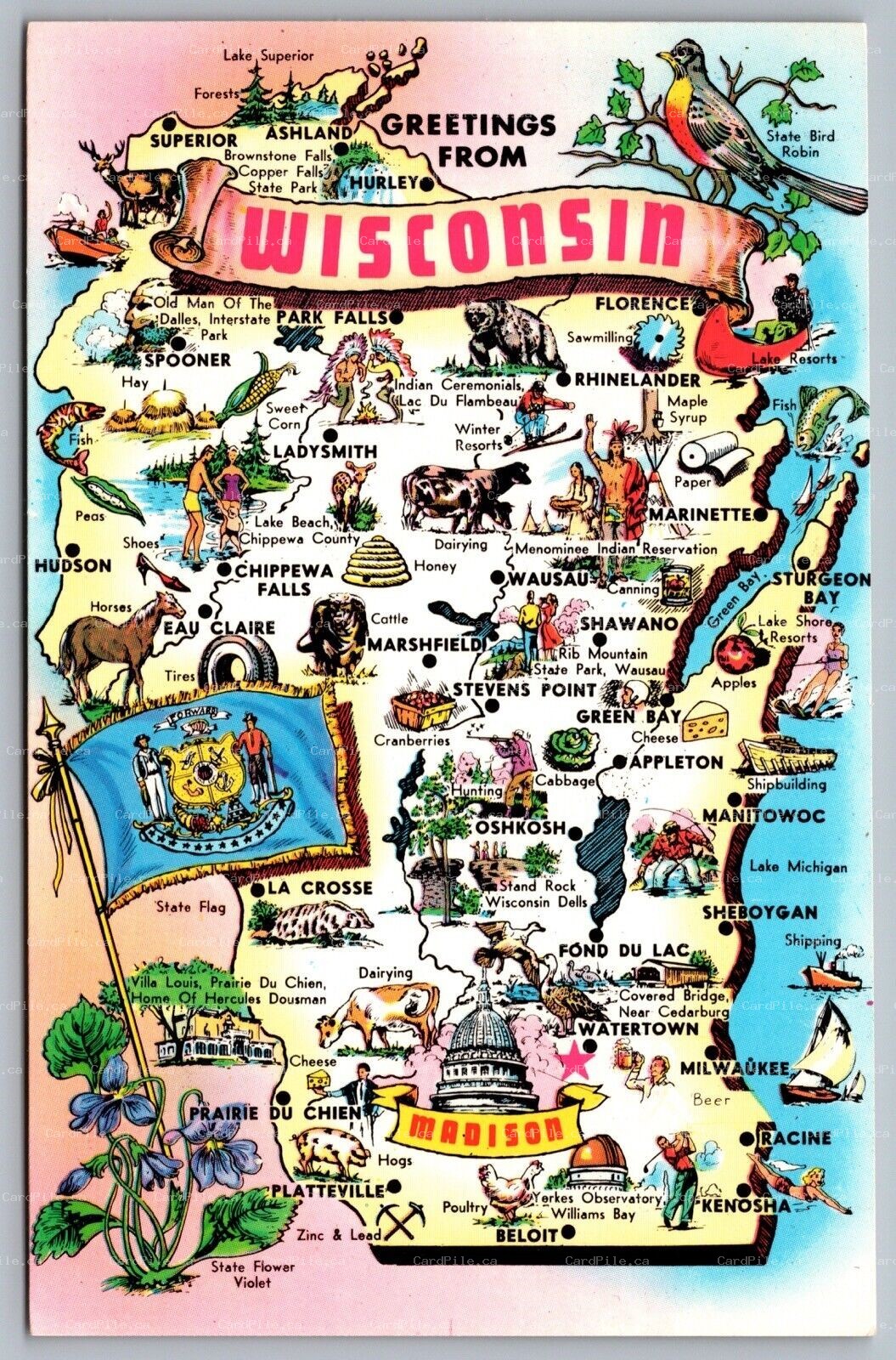 Postcard Wisconsin c1960 Greeting from Wisconsin State Map Landmarks Attractions