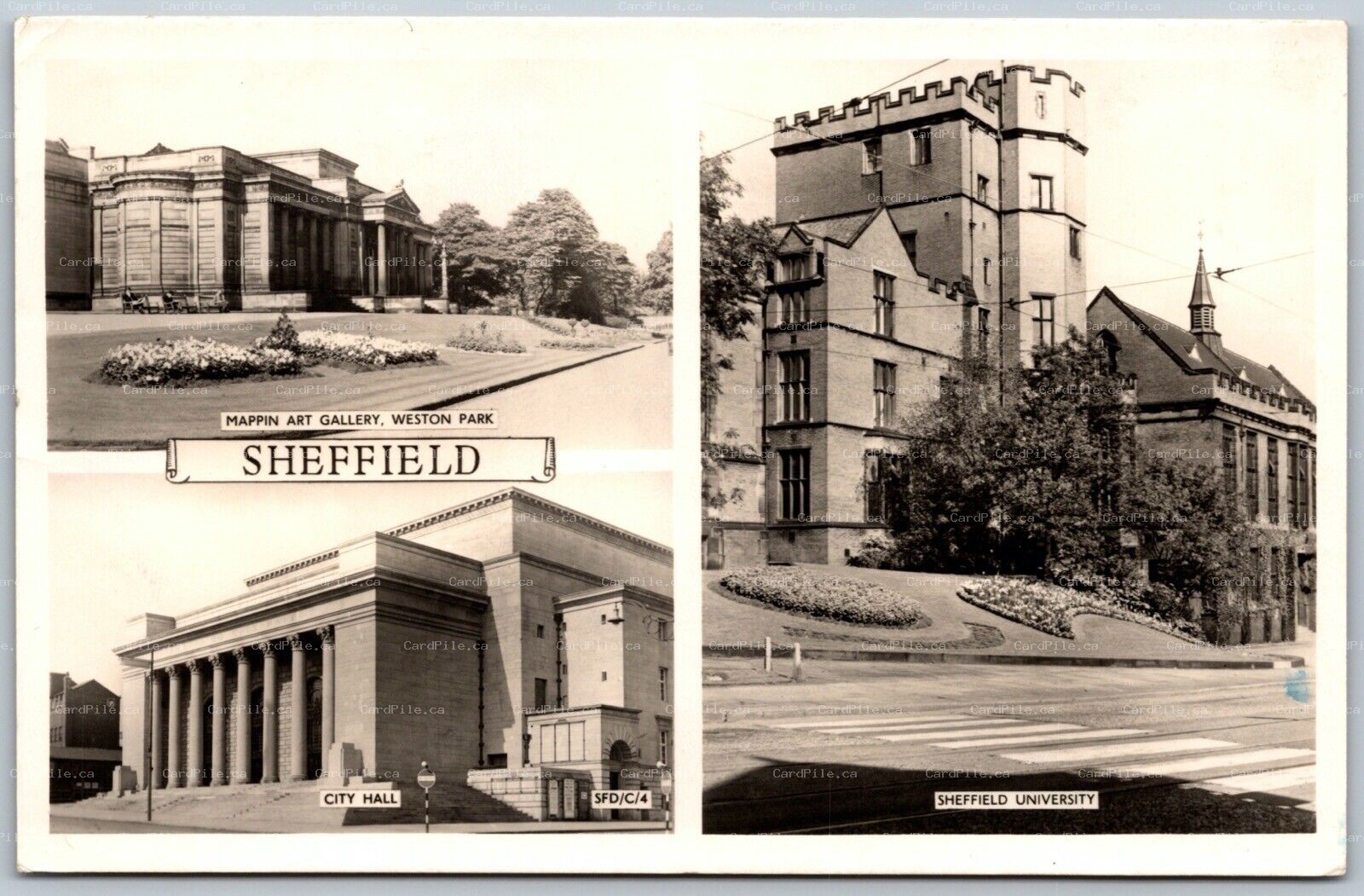 Postcard RPPC c1957 Sheffield UK Multi View Art Gallery University City Hall