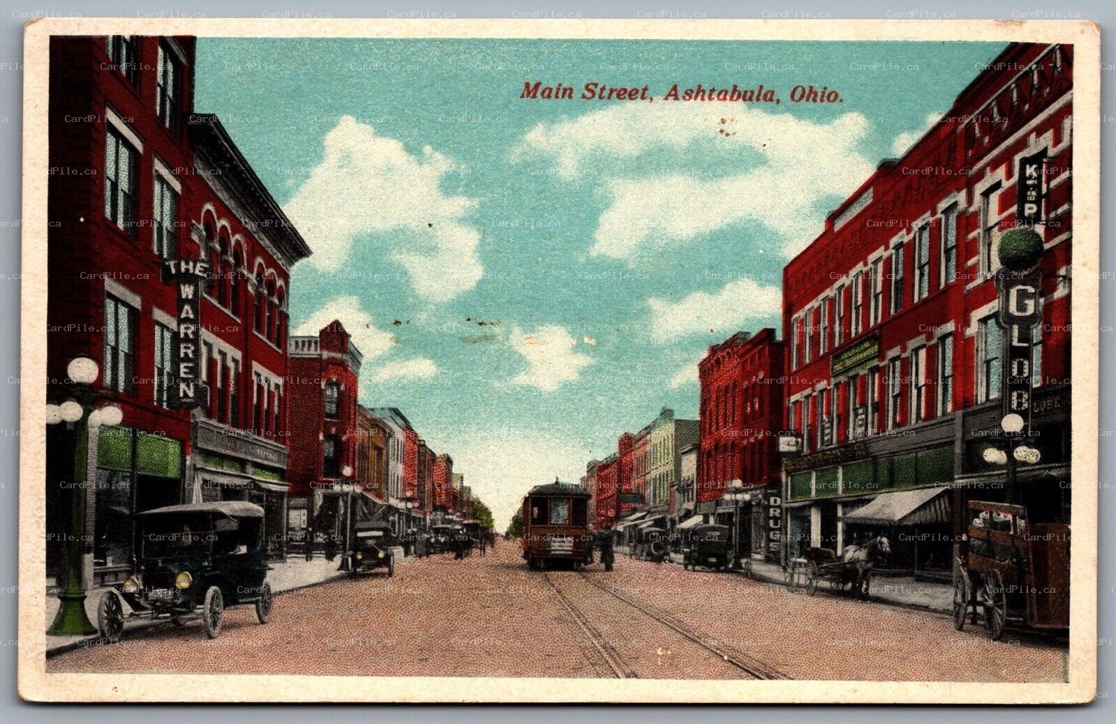 Postcard Ashtabula OH c1920s Main Street View Trolly Old Cars The Warren