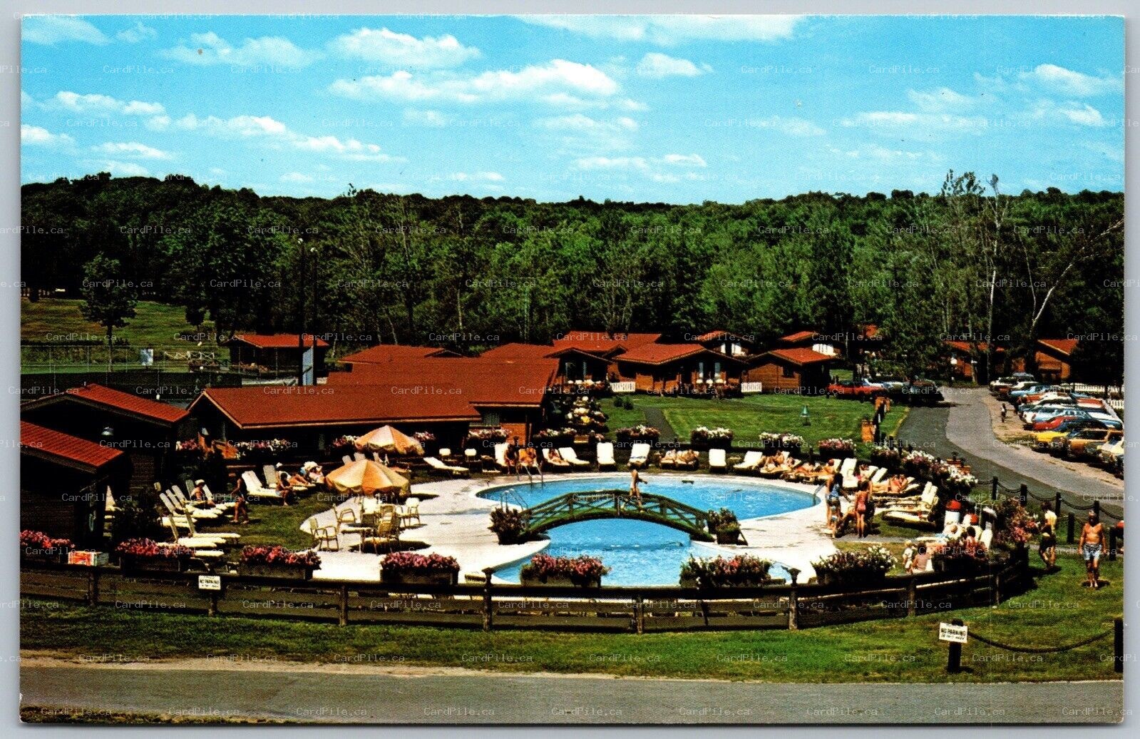 Postcard Minett Ontario c1960s Clevelands House View of Pool and Resort Old Cars