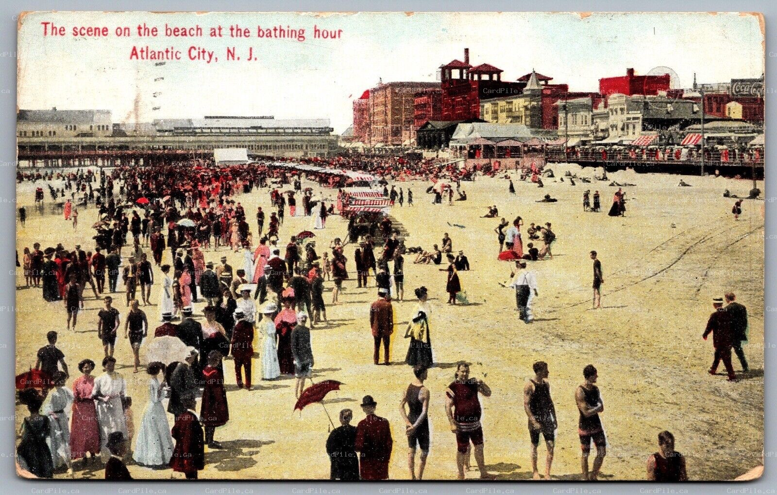Postcard Atlantic City NJ c1912 Scene on the Beach at the Bathing Hour Coca Cola
