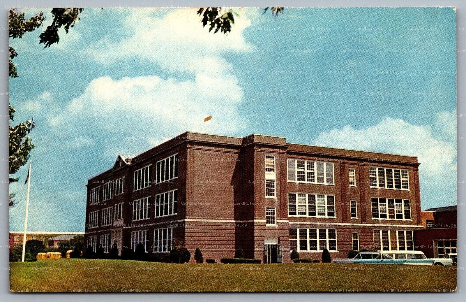 Postcard Milford DE c1950s Milford High School Old Cars