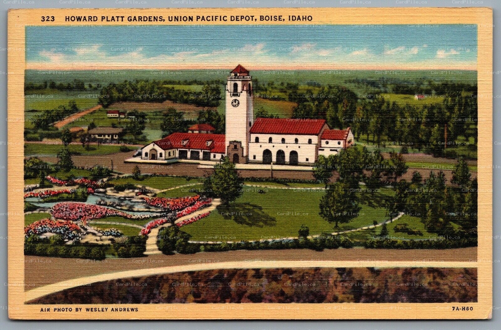 Postcard Boise ID c1937 Howard Platt Gardens Union Pacific Depot CDS Slogan