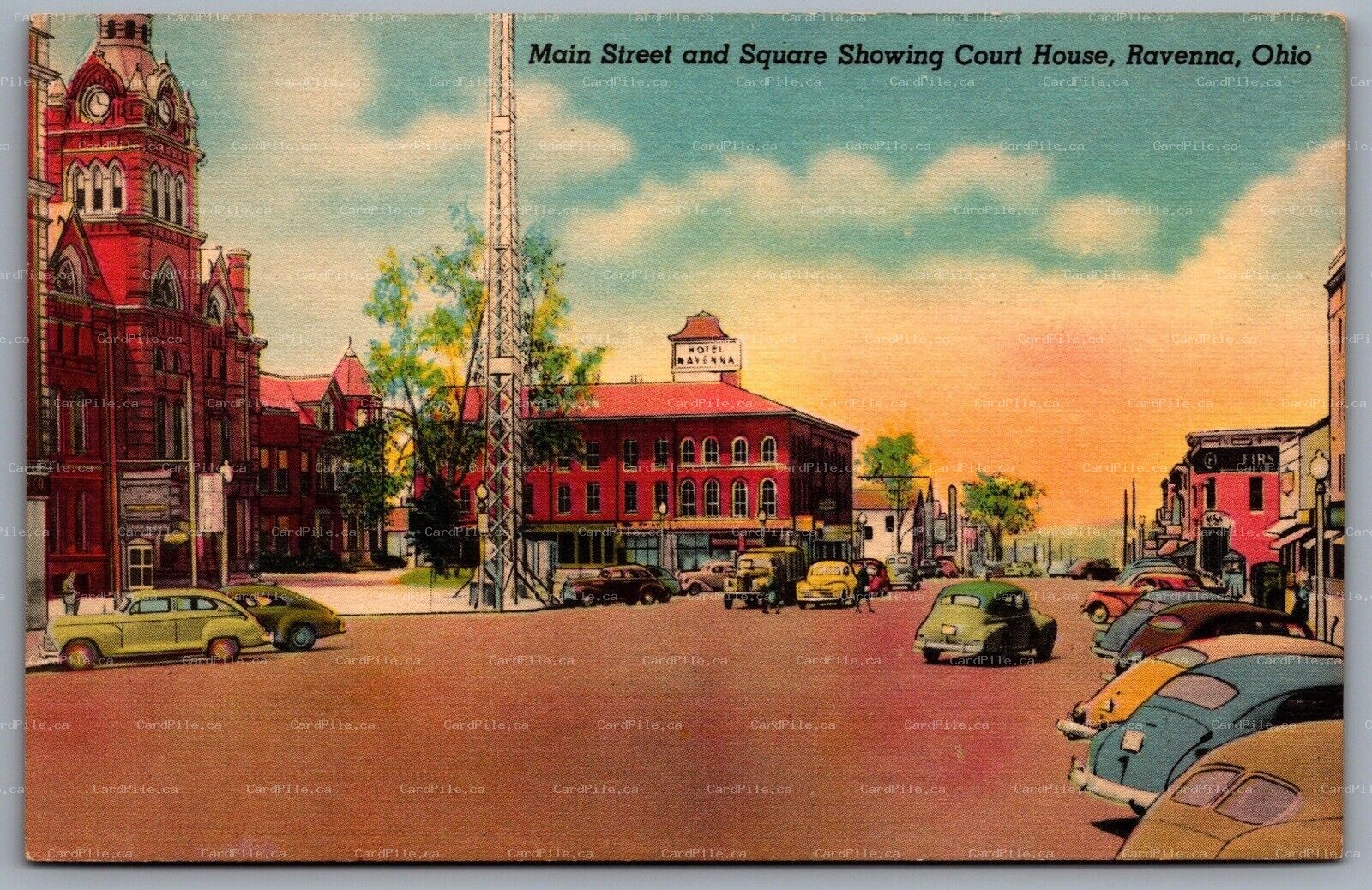 Postcard Ravenna OH c1940s Main St & Square Showing Court House Hotel Ravenna
