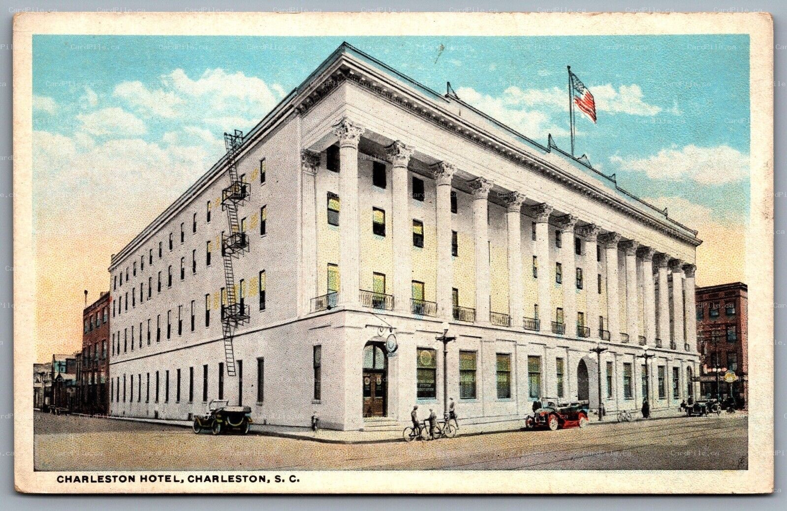 Postcard Charleston SC c1930s Charleston Hotel Old Cars Trolley Tracks