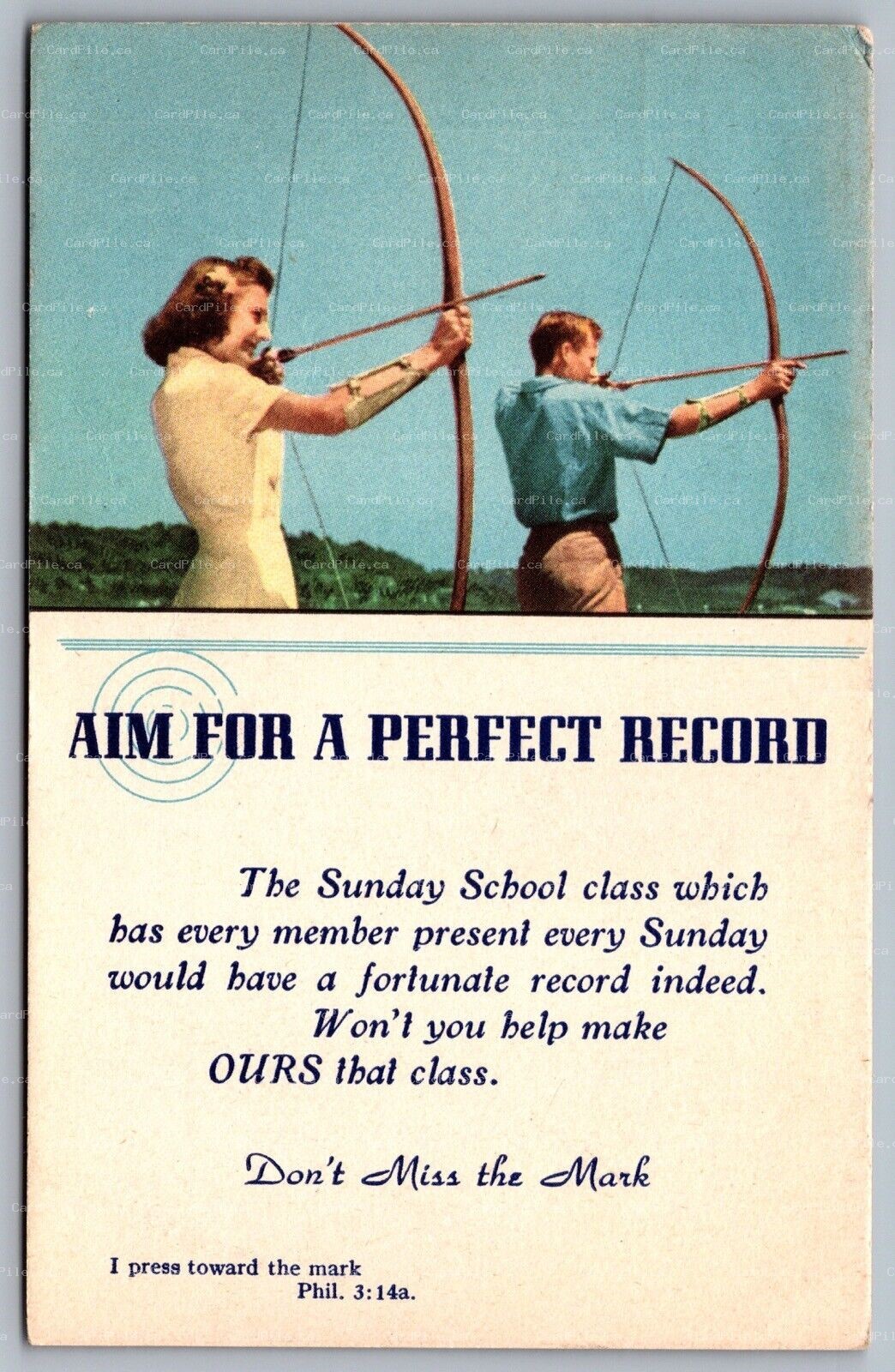 Postcard c1930s Aim for A Perfect Record Sunday School Don’t Miss the March