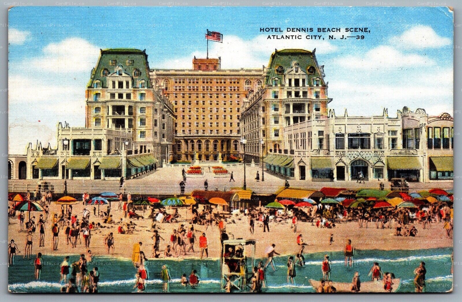 Postcard Atlantic City NJ c1940s Hotel Dennis Beach Scene Linen