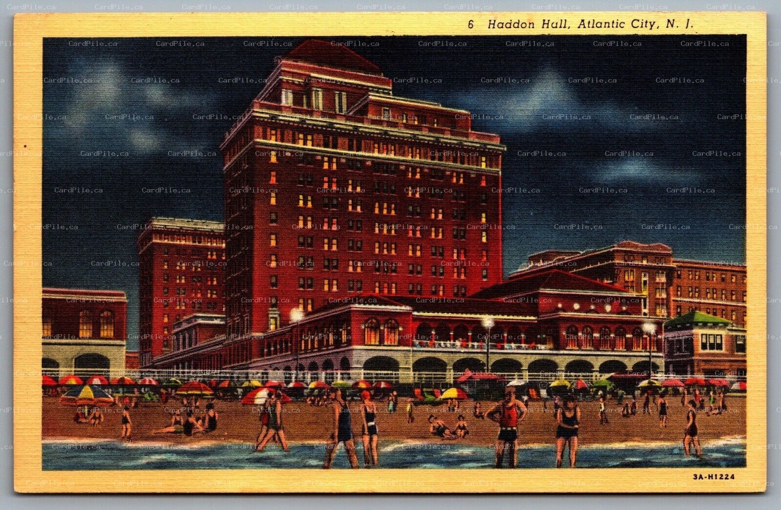 Postcard Atlantic City NJ c1931 Haddon Hall at Night Beach Scene Swimmers Linen