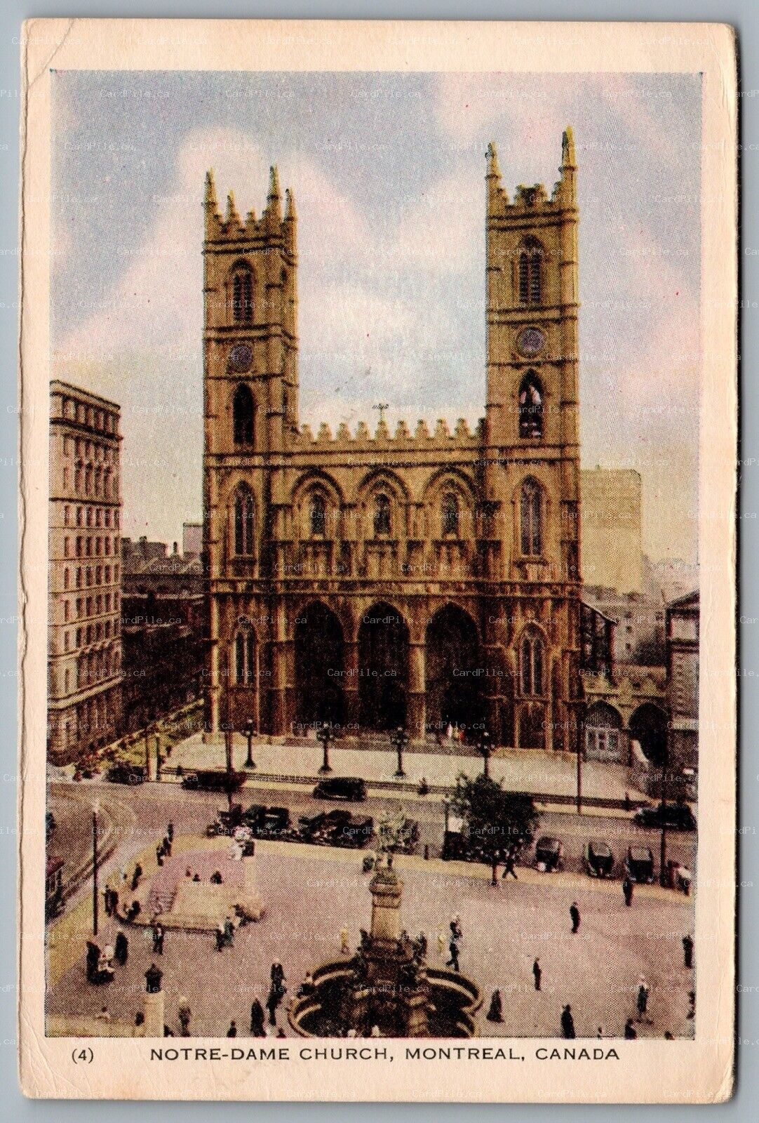 Postcard Montreal Quebec c1930s Notre Dame Church Old Cars Birds Eye View
