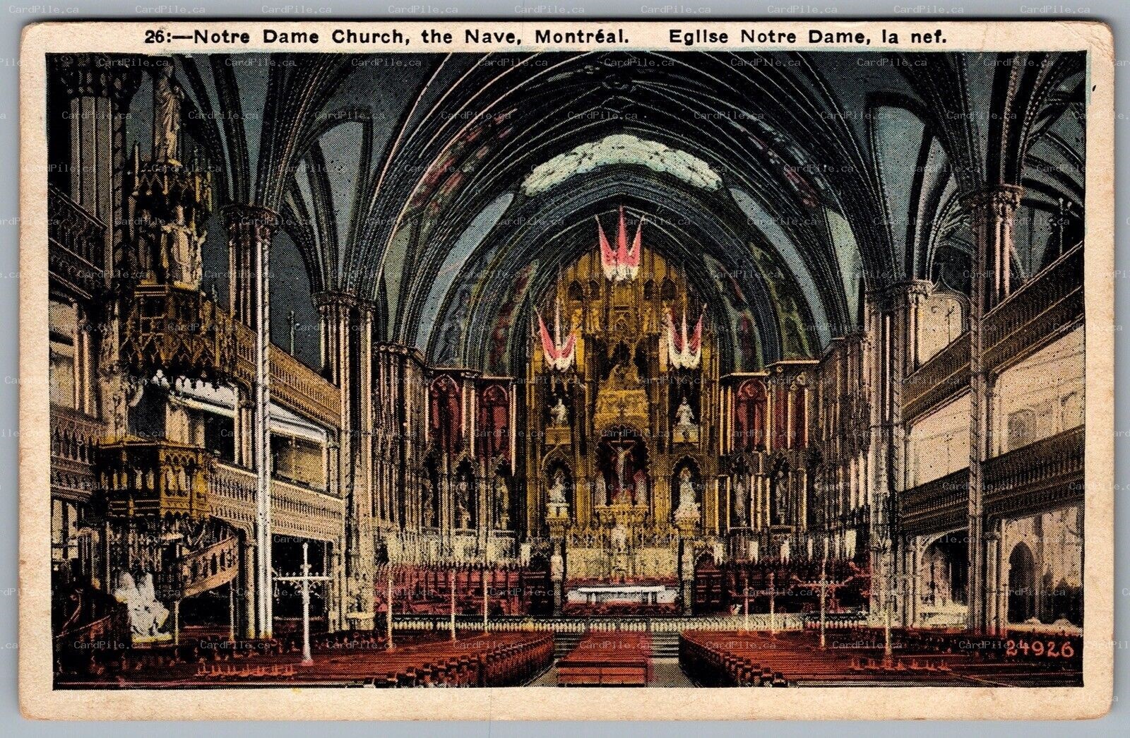 Postcard Montreal Quebec c1927 Notre Dame Church The Nave Le Nef Interior View