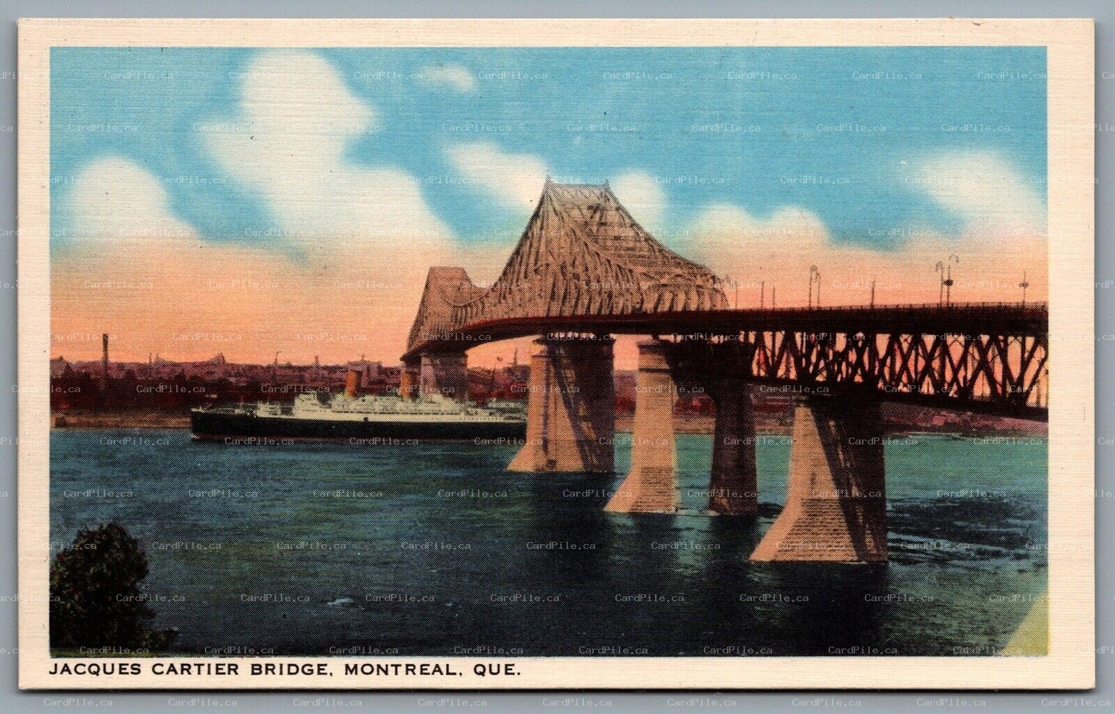 Postcard Montreal Quebec c1930s Jacques Cartier Bridge Harbour Bridge Steamship