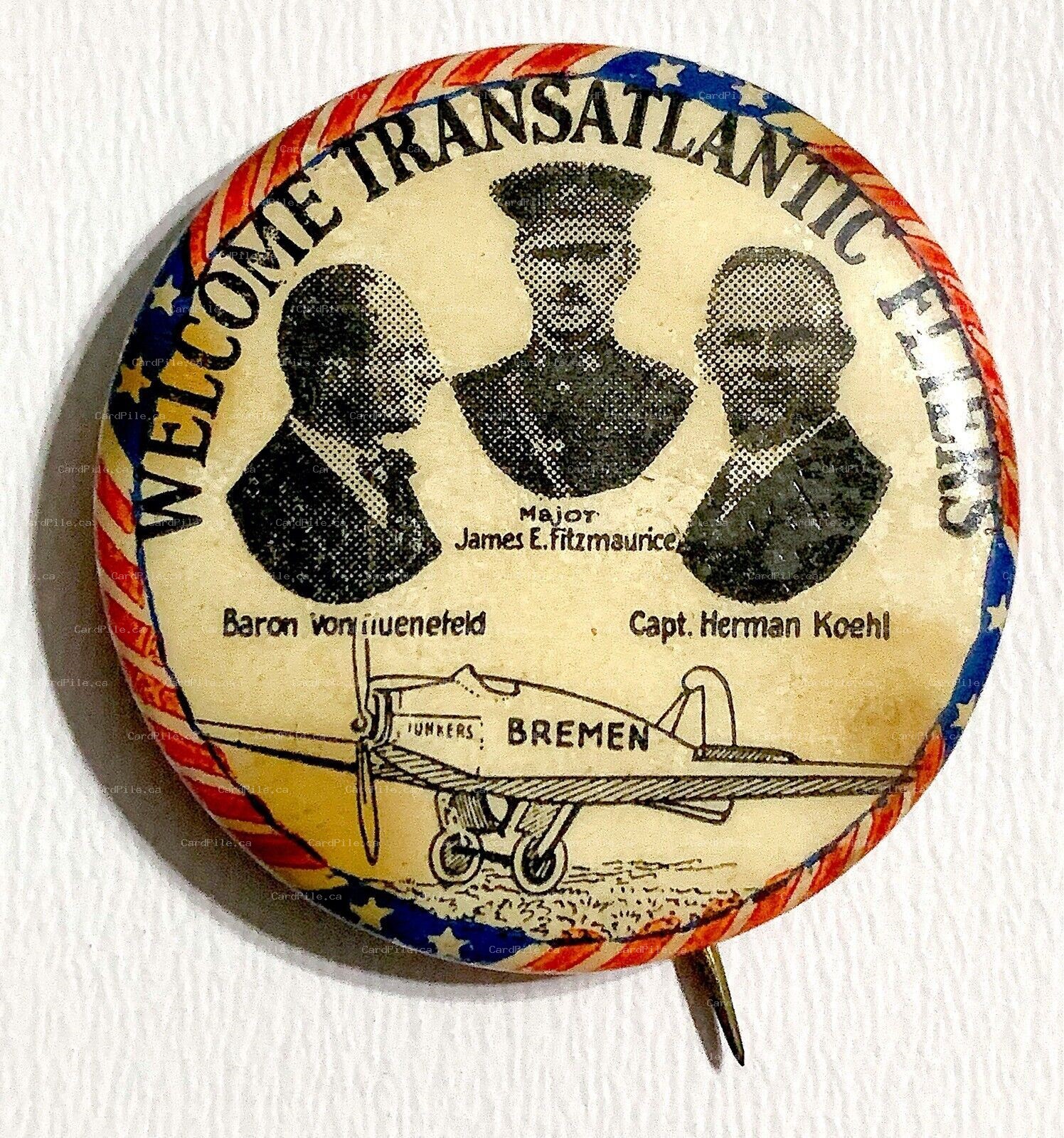 VINTAGE c1920s Welcome Transatlantic Fliers Bremen Airplane Pinback