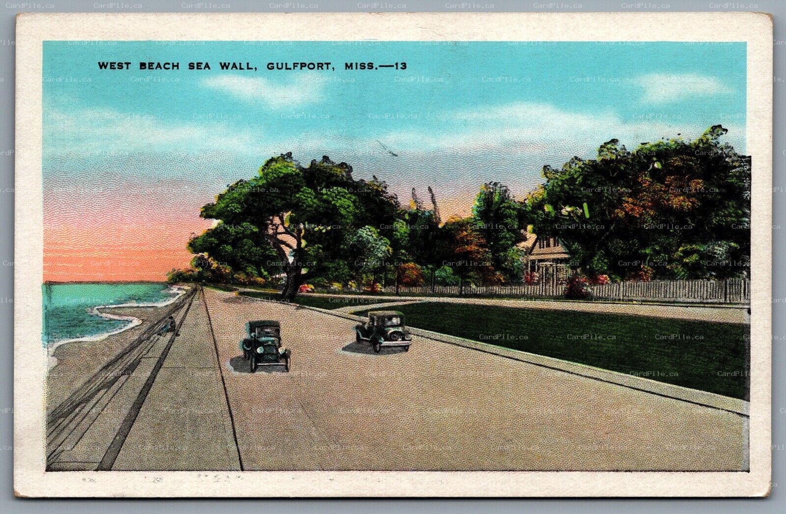 Postcard Gulfport MS c1920s West Beach Sea Wall Green Coast Gulf Of Mexico