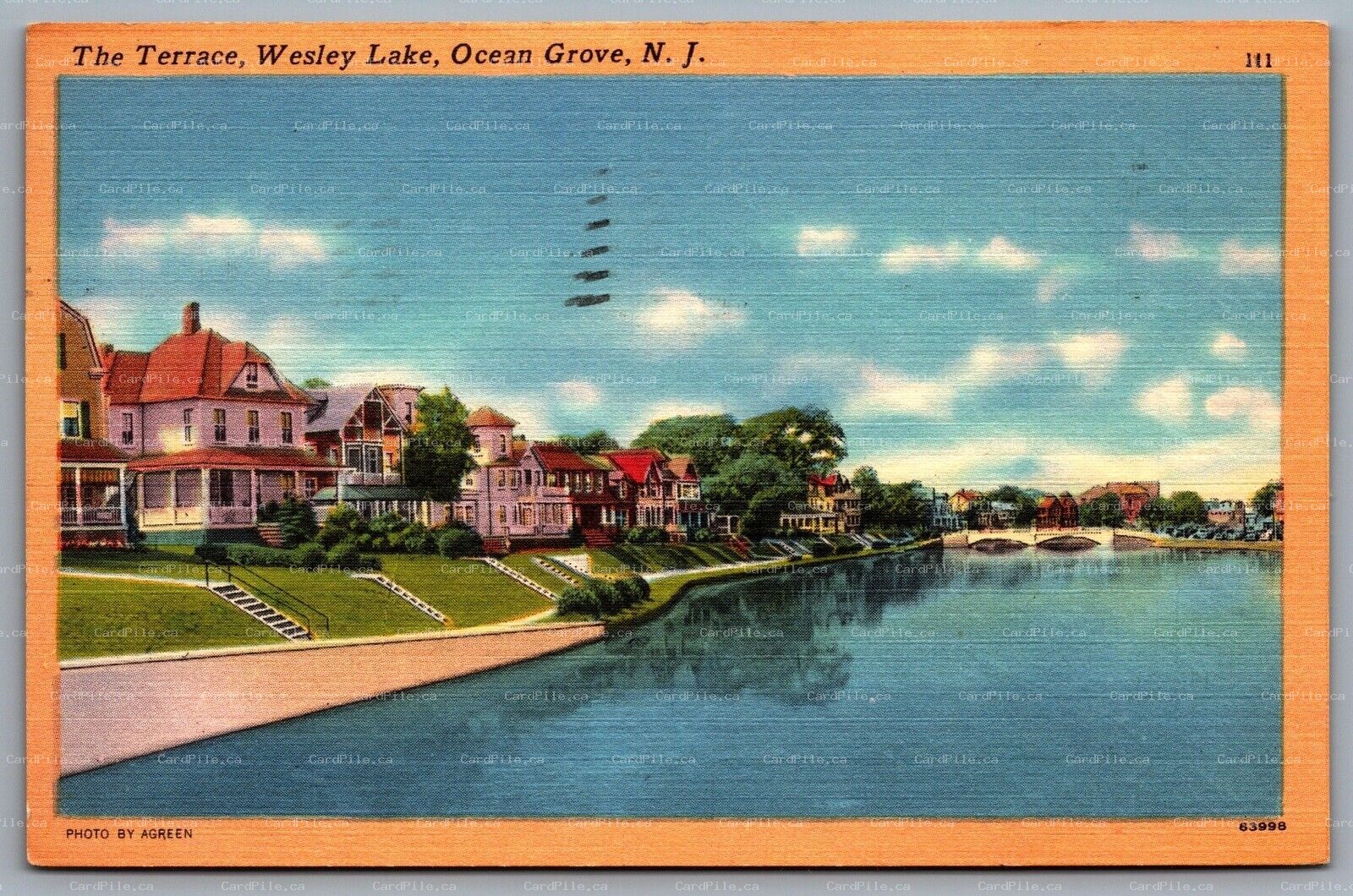 Postcard Ocean Grove NJ c1950s The Terrace Wesley Lake Row of Houses Bridge 