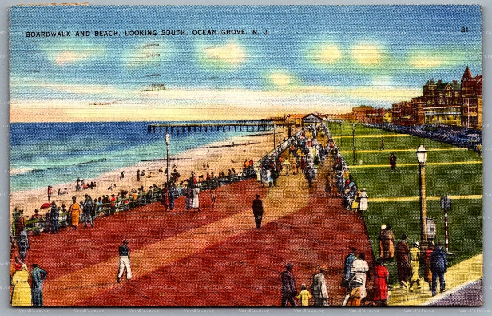 Postcard Ocean Grove NJ c1930s Boardwalk and Beach Looking South Pier Linen