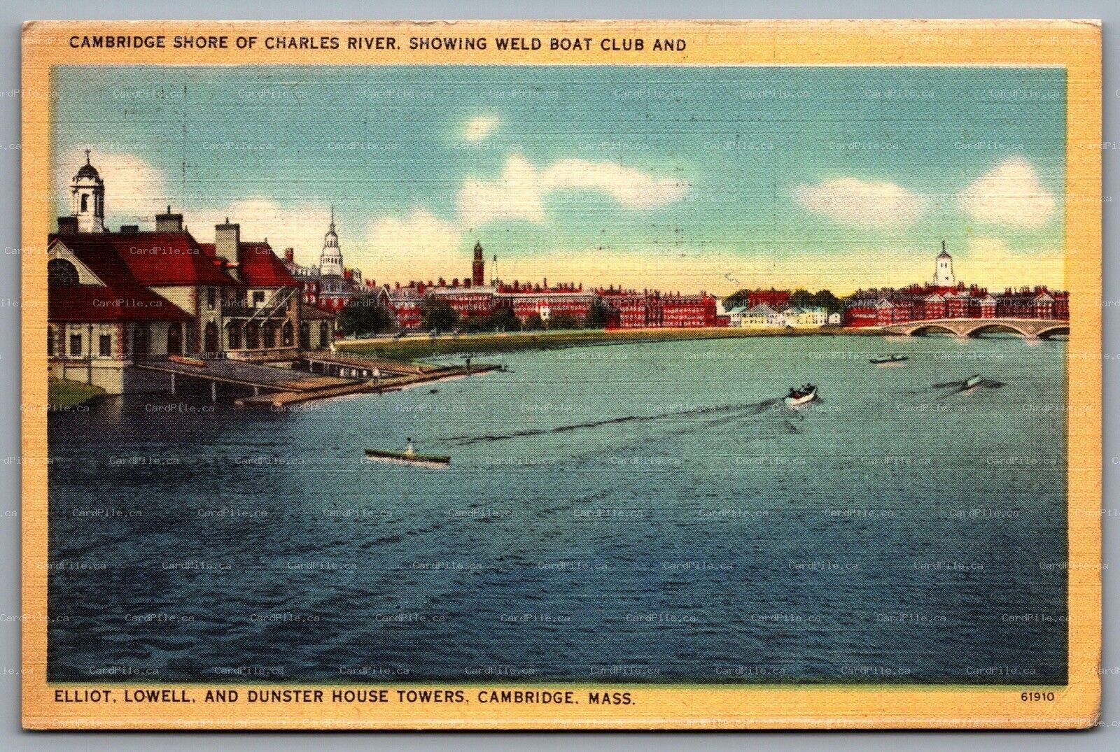 Postcard Cambridge MA c1940s Charles River Weld Boat Club Elliot Lowell Dunster
