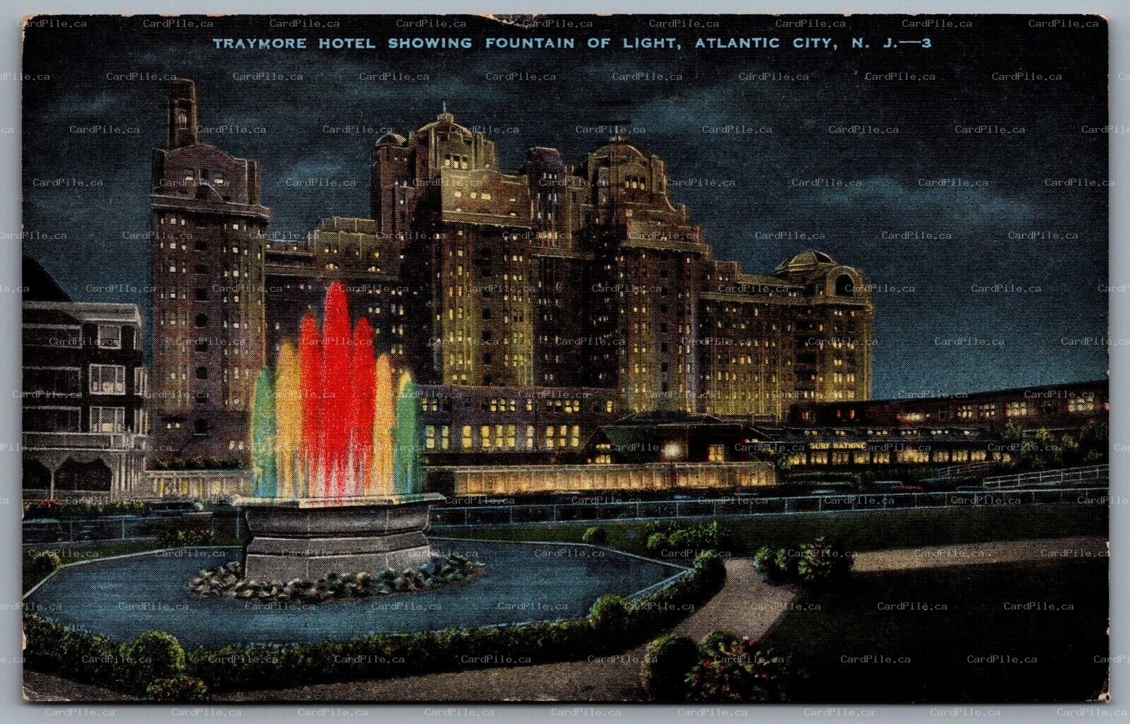 Postcard Atlantic City NJ c1950s Traymore Hotel Showing Fountain of Light