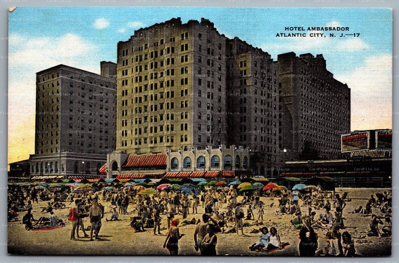 Postcard Atlantic City NJ c1940s Hotel Ambassador Beach View Bathers Tropicana