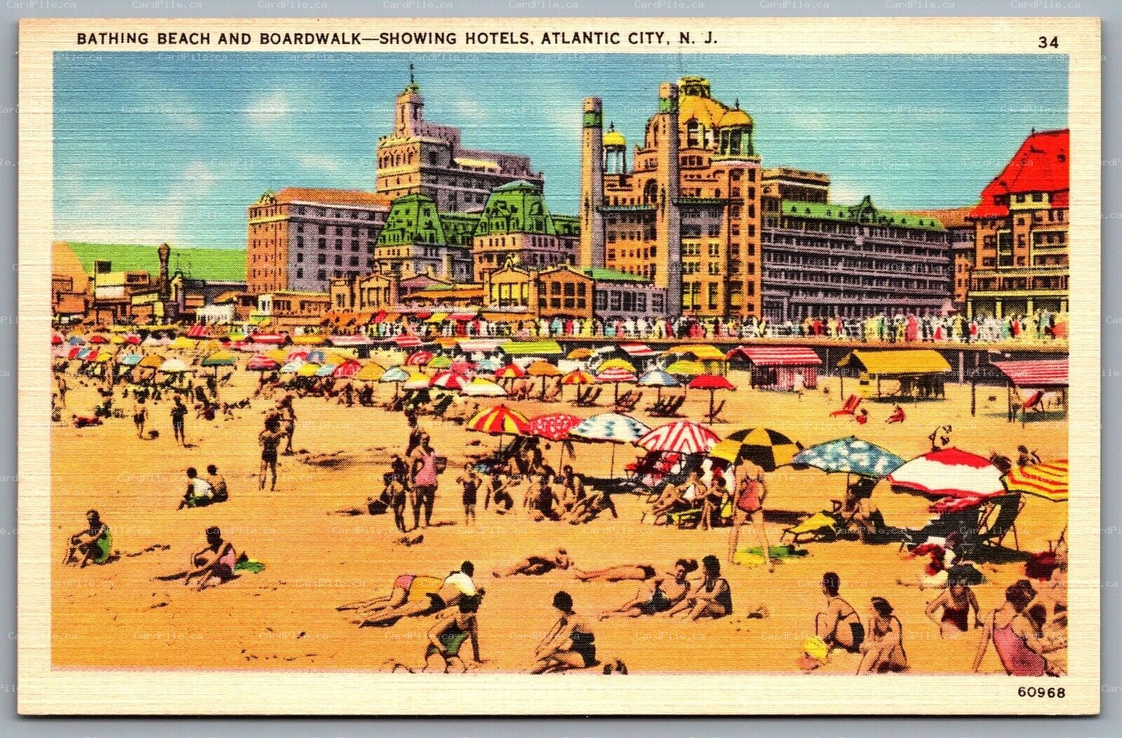 Postcard Atlantic City NJ c1930s Bathing Beach and Boardwalk Showing Hotels