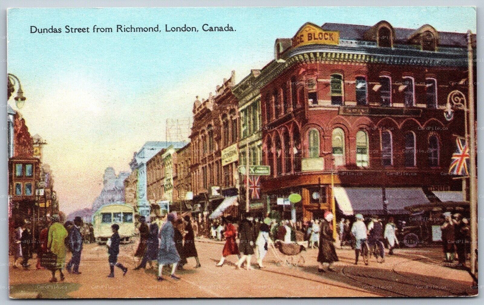 Postcard London Ontario c1930s Dundas Street from Richmond Trolly Shops Signs