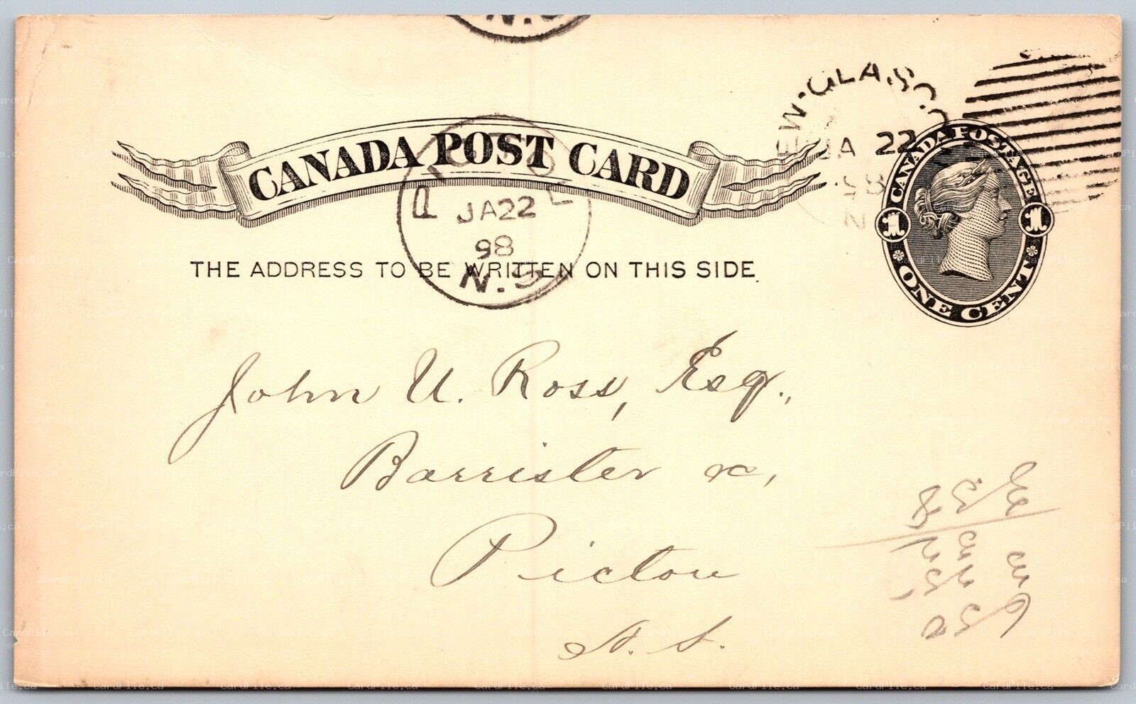 Postcard c1898 Split Ring Cancel New Glasgow NS to Pictou John U. Ross Barrister