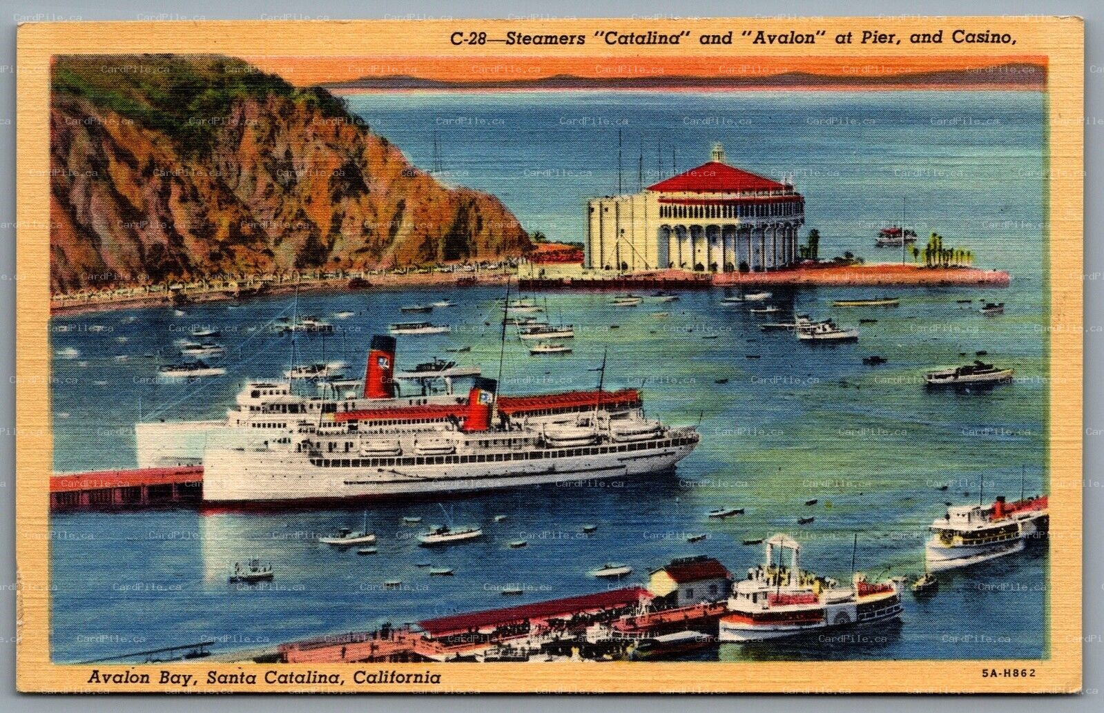 Postcard Avalon Bay CA c1935 Steamers Catalina and Avalon at Pier & Casino B