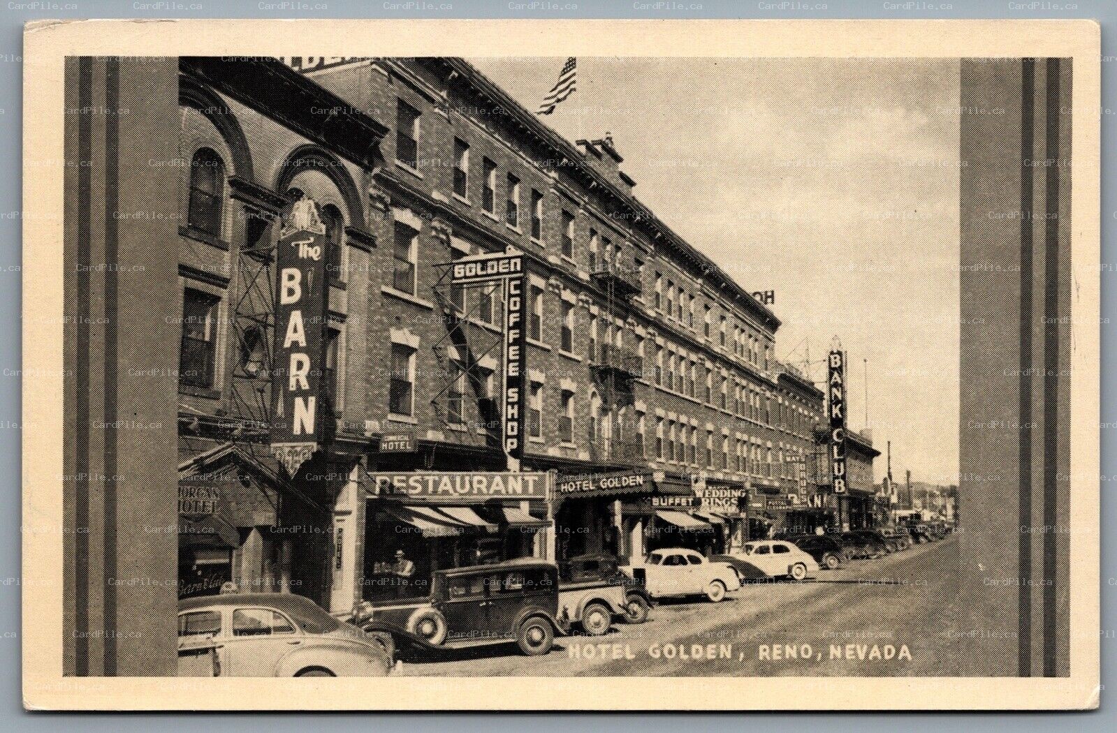 Postcard Reno NV c1940s Hotel Golden Street View Restaurants Old Cars Buffet