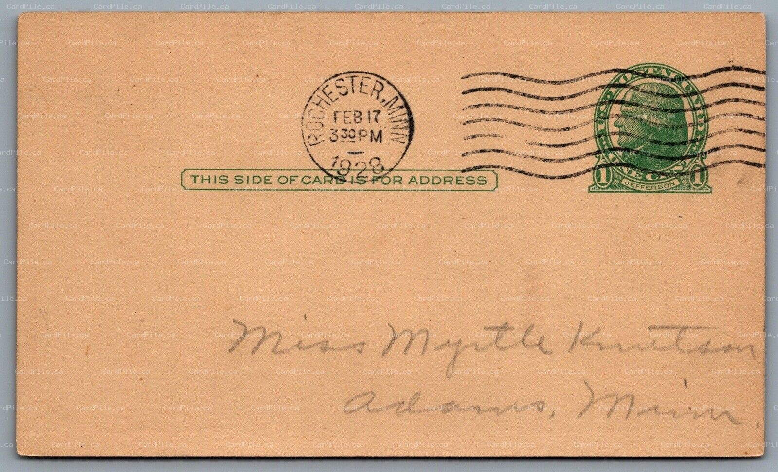 Postcard Rochester MN c1928 Generic Post Card CDS Cancel to Adams MN