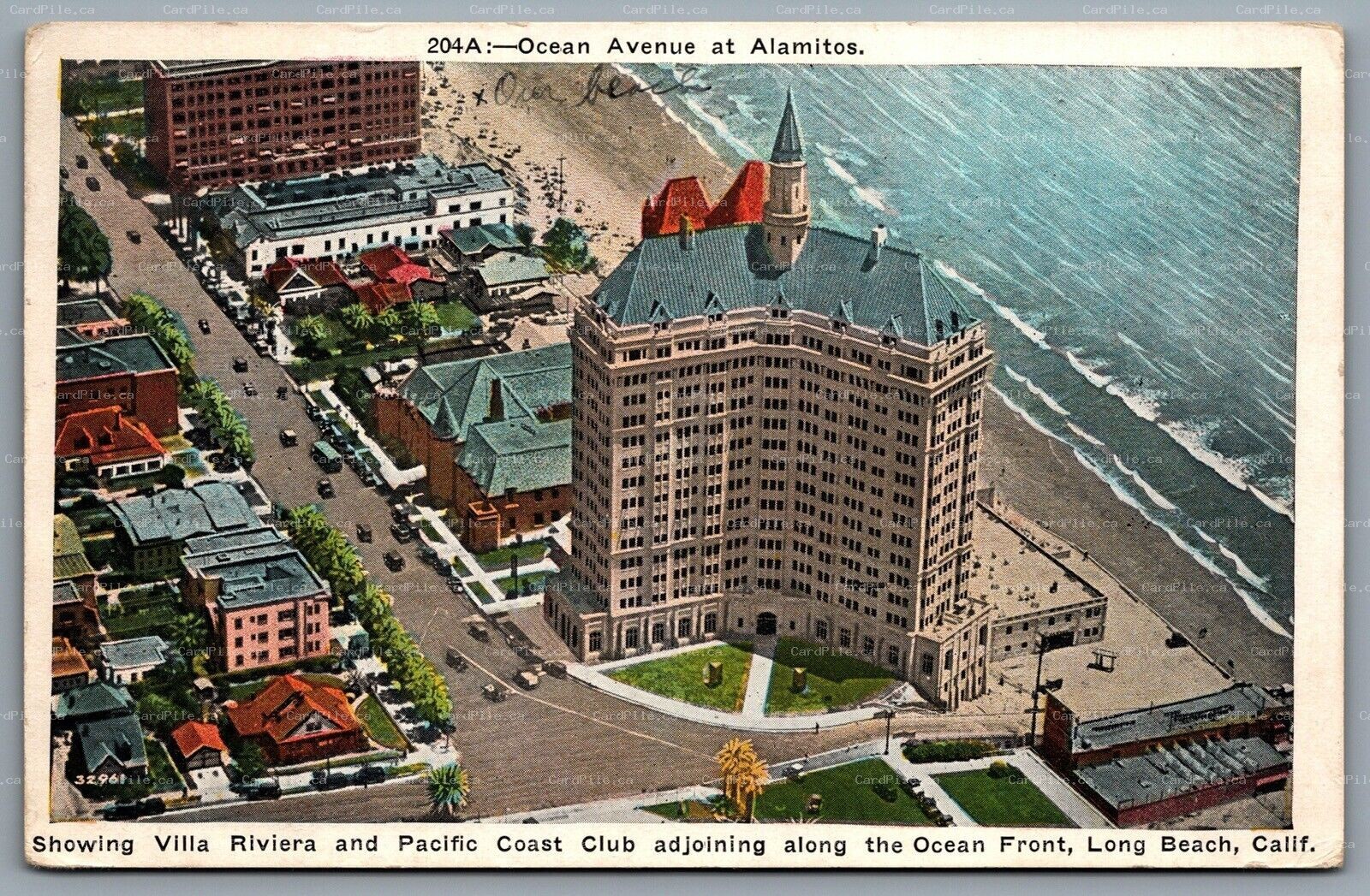 Postcard Long Beach CA c1930 Ocean Avenue at Alamitos Villa Riviera Pacific Club
