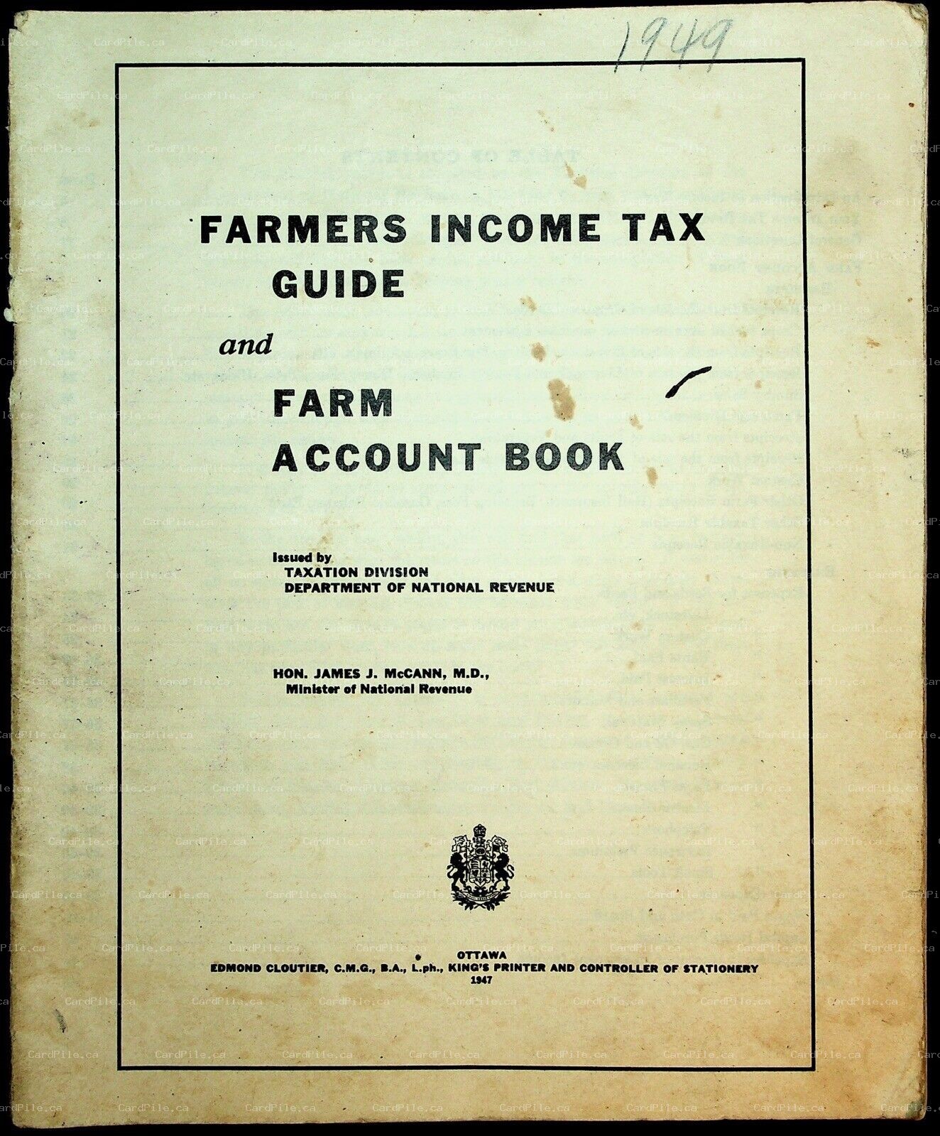 1949 Farmers Income Tax Guide and Farm Account Book Canada National Revenue