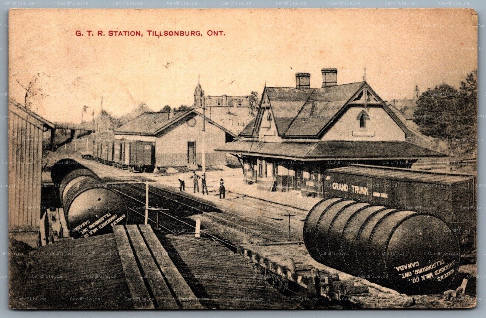 Postcard Tillsonburg ONT c1913 GTR Station Grand Trunk Railway Borden's Milk