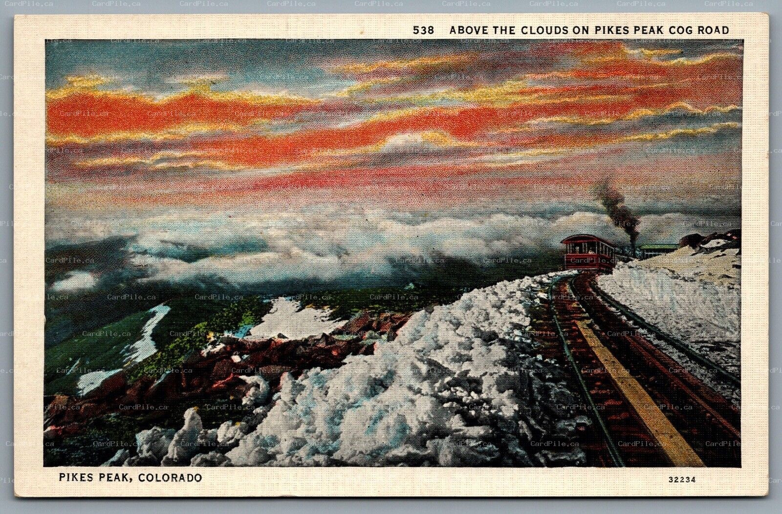 Postcard Pikes Peak 1930s Above The Clouds on Pikes Peak Cog Road Train Railroad