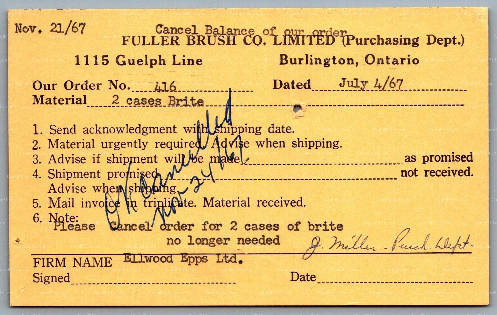 Burlington ONT c1967 Fuller Brush Co. Limited Purchasing Dept. Cancel Order Card