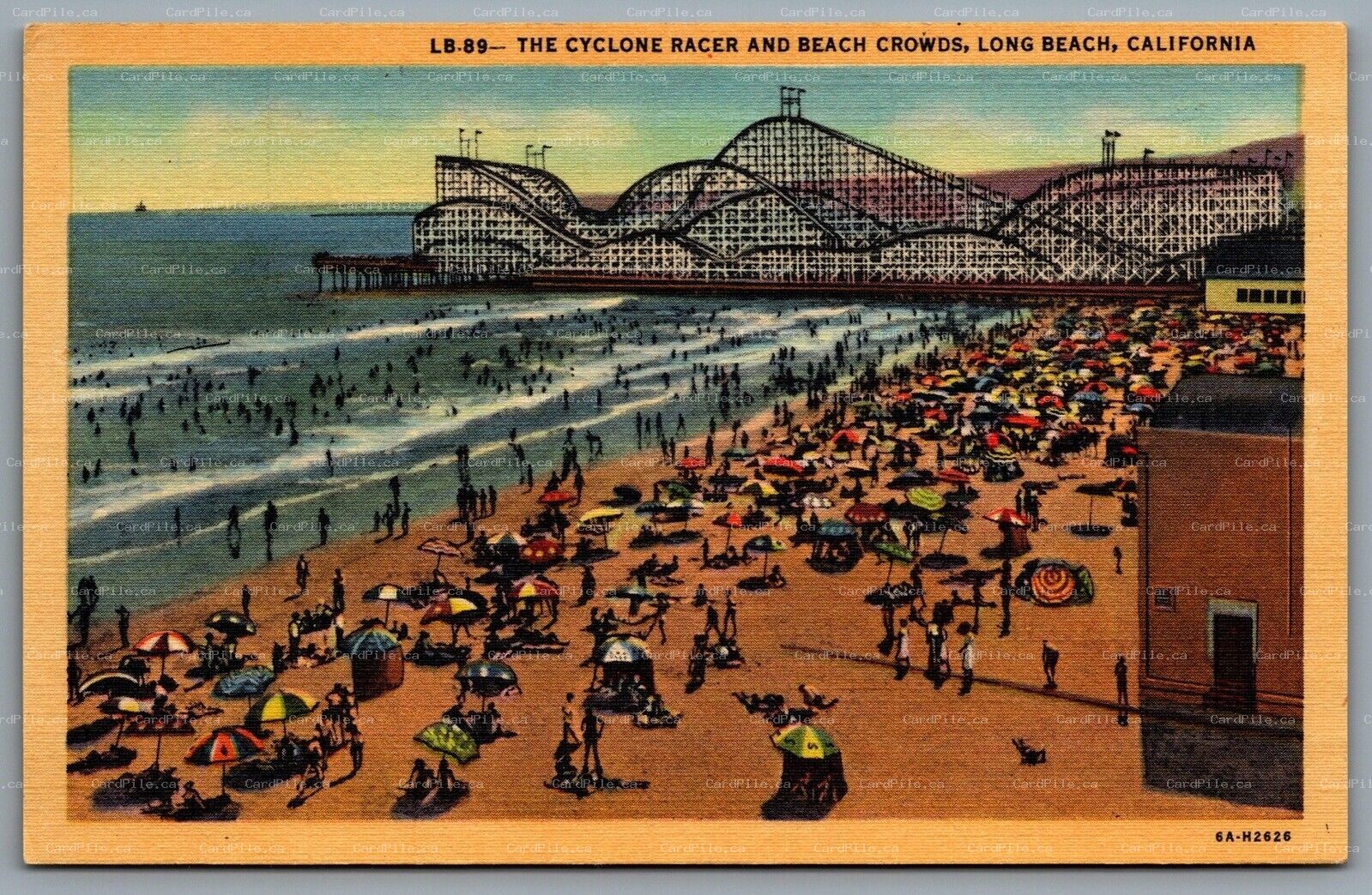 Postcard Long Beach CA c1936 The Cyclone Racer And Beach Crowds Amusement Park