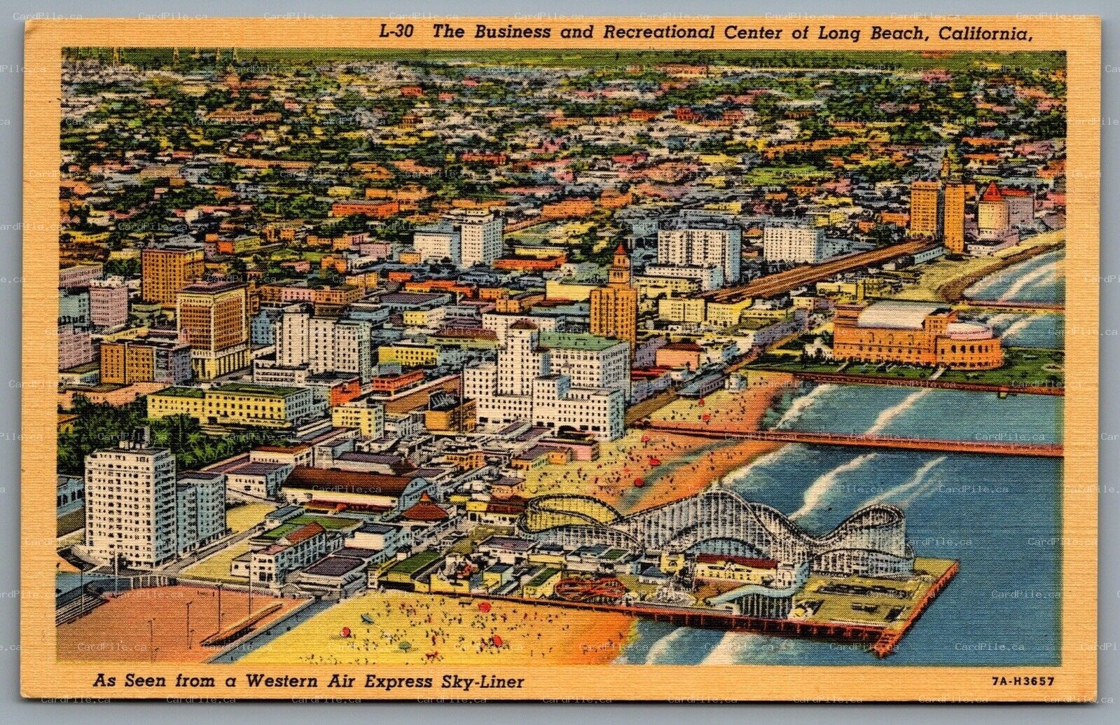 Postcard Long Beach CA c1937 Business Center Wester Air Express Sky Liner Aerial