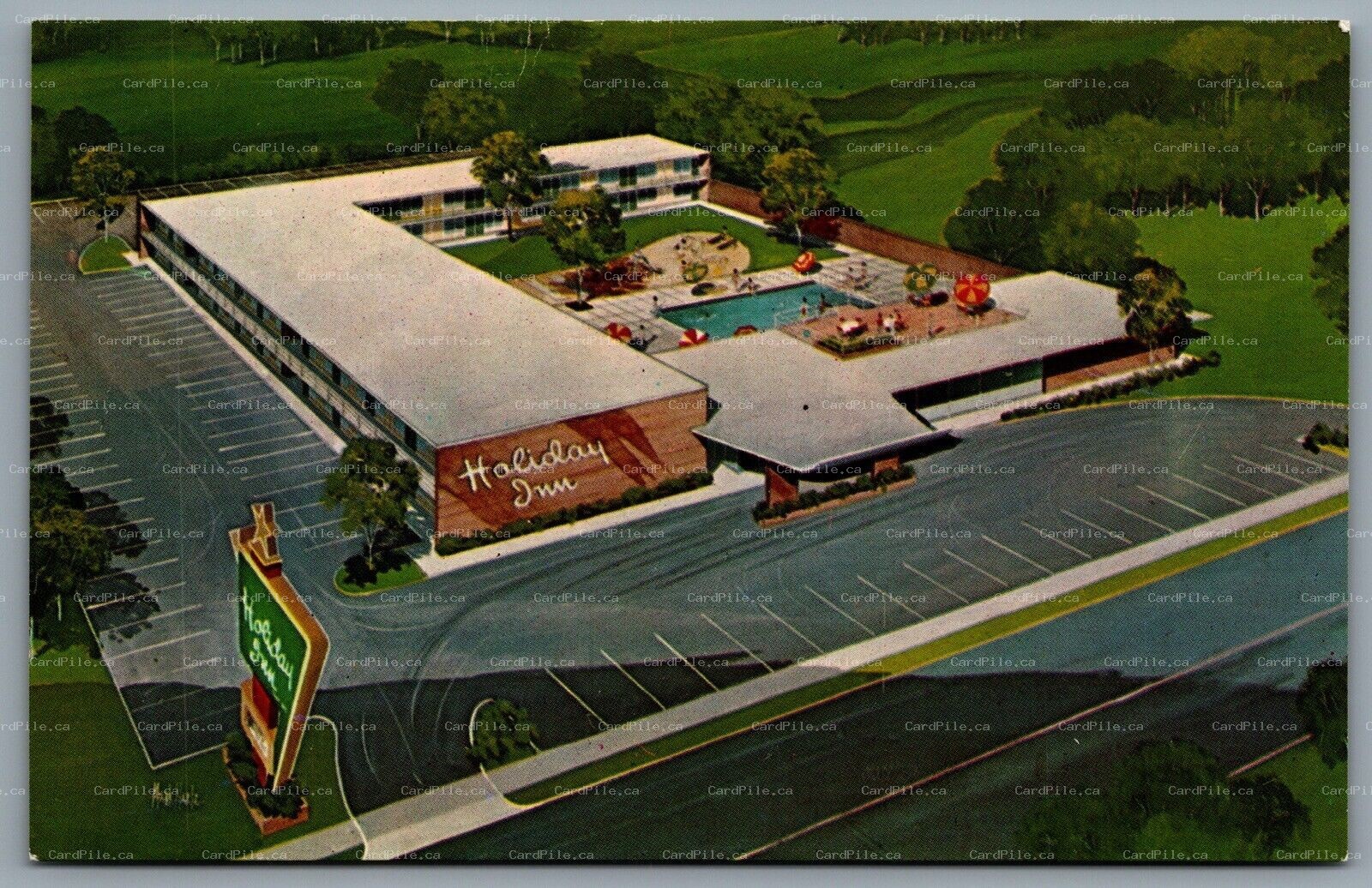 Postcard Peru IL c1960 Holiday Inn LaSalle Aerial View Swimming Pool Advert
