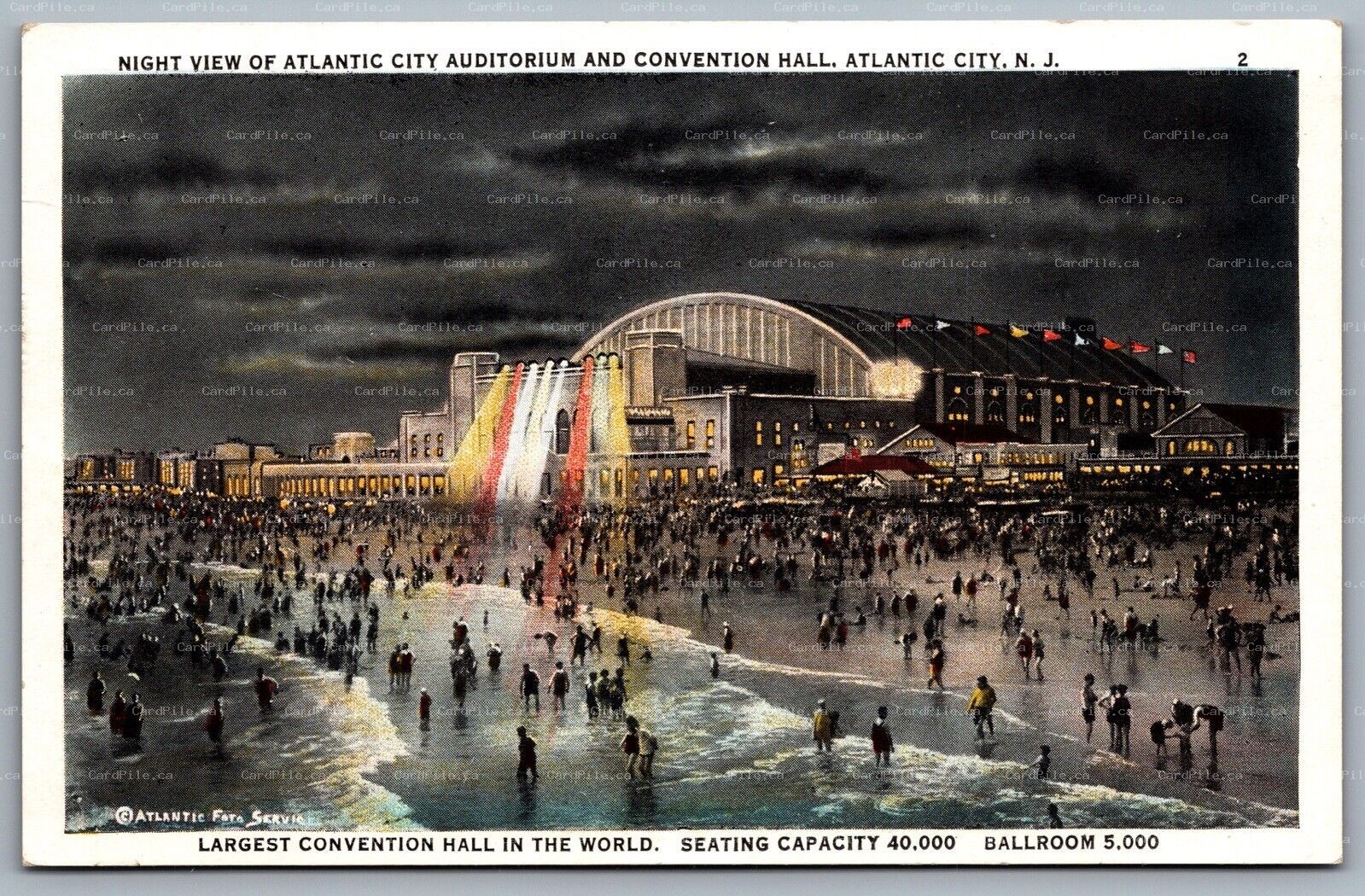 Postcard Atlantic City NJ c1920s Night View Auditorium & Convention Hall Beach