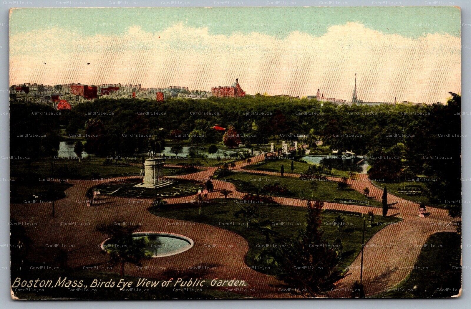 Postcard Boston MA c1914 Birds Eye View of Public Garden