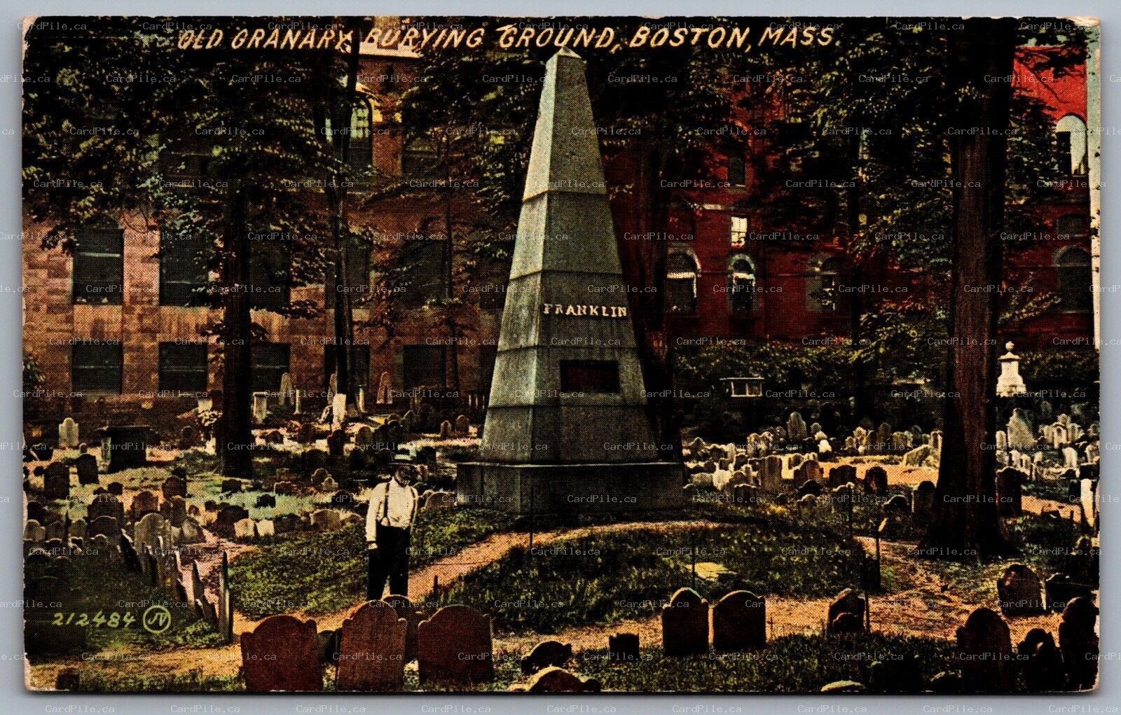 Postcard Boston MA c1914 Old Granary Burying Ground Cemetery Graveyard Franklin