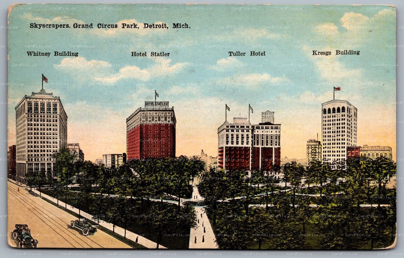 Postcard Detroit MI c1920 Skyscrapers Grand Circus Park Whitney Statler Tuller