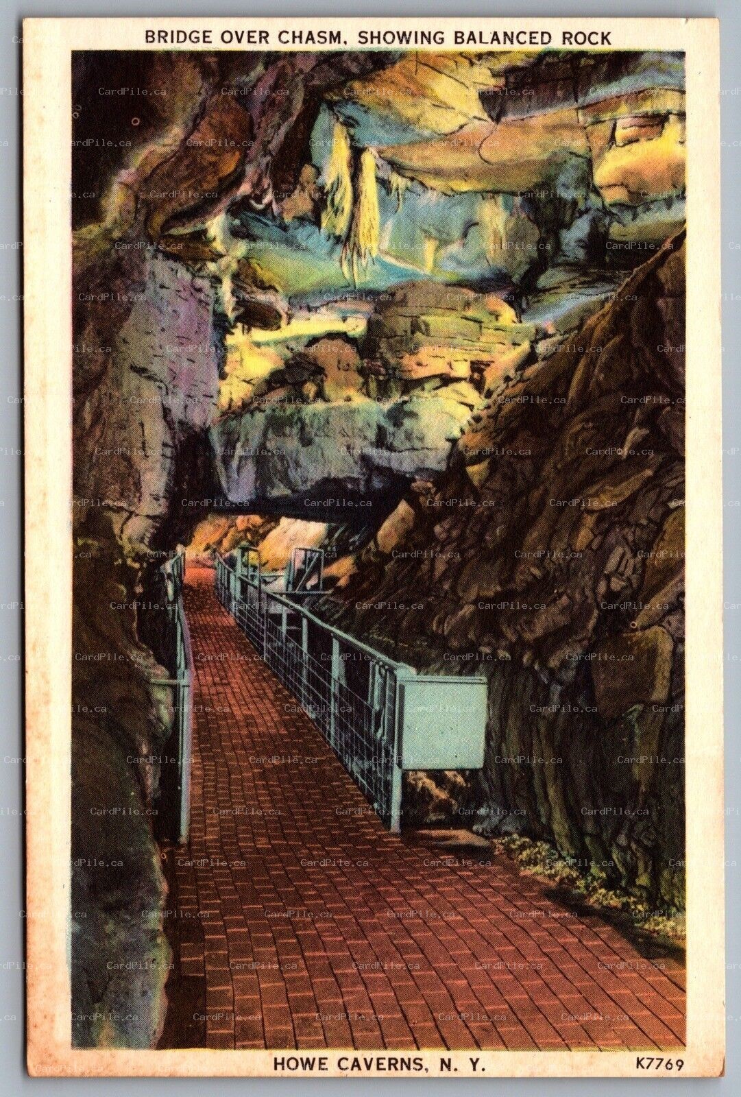Postcard Howe Caves NY c1940s Bridge Over Chasm Balanced Rock Howe Caverns Linen