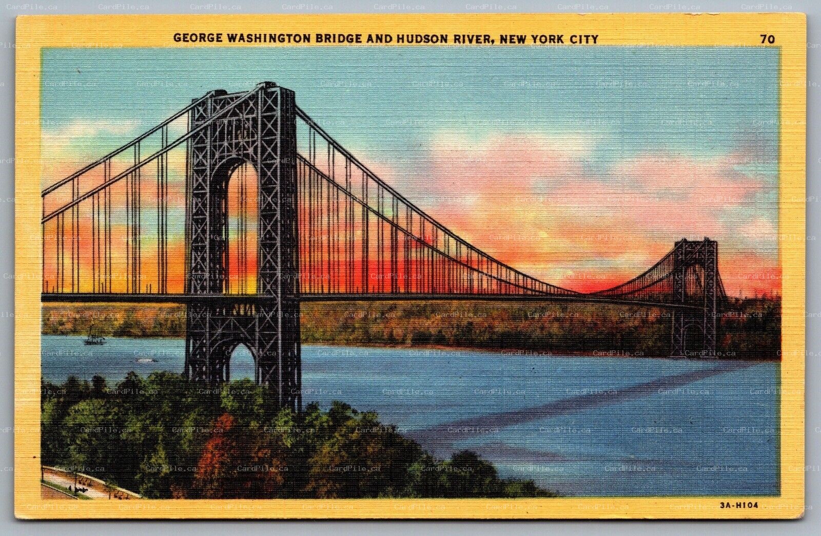 Postcard New York City NY c1933 George Washington Bridge and Hudson Rriver Linen