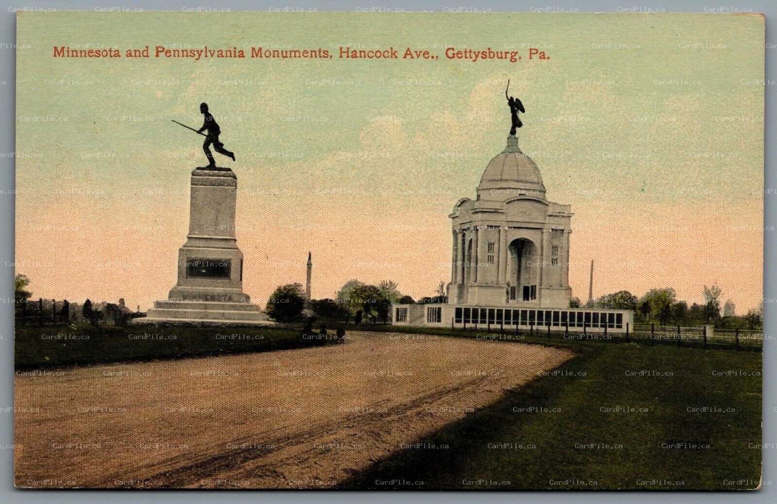 Postcard Gettysburg PA c1932 Minnesota and Pennsylvania Monuments Hancock Ave.
