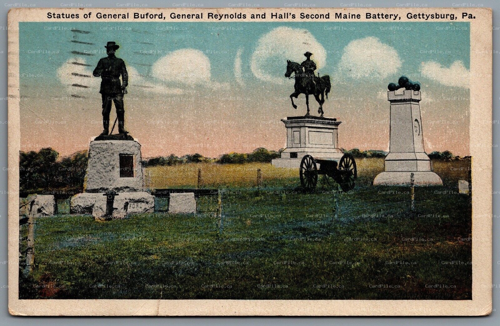 Postcard Gettysburg PA c1920 Statues of Gen. Buford Gen. Reynolds Maine Battery