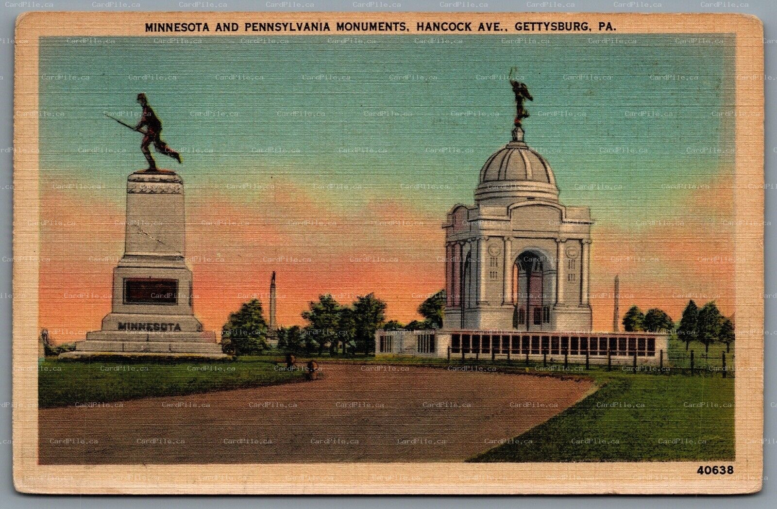 Postcard Gettysburg PA c1938 Minnesota And Pennsylvania Monuments Hancock Ave.