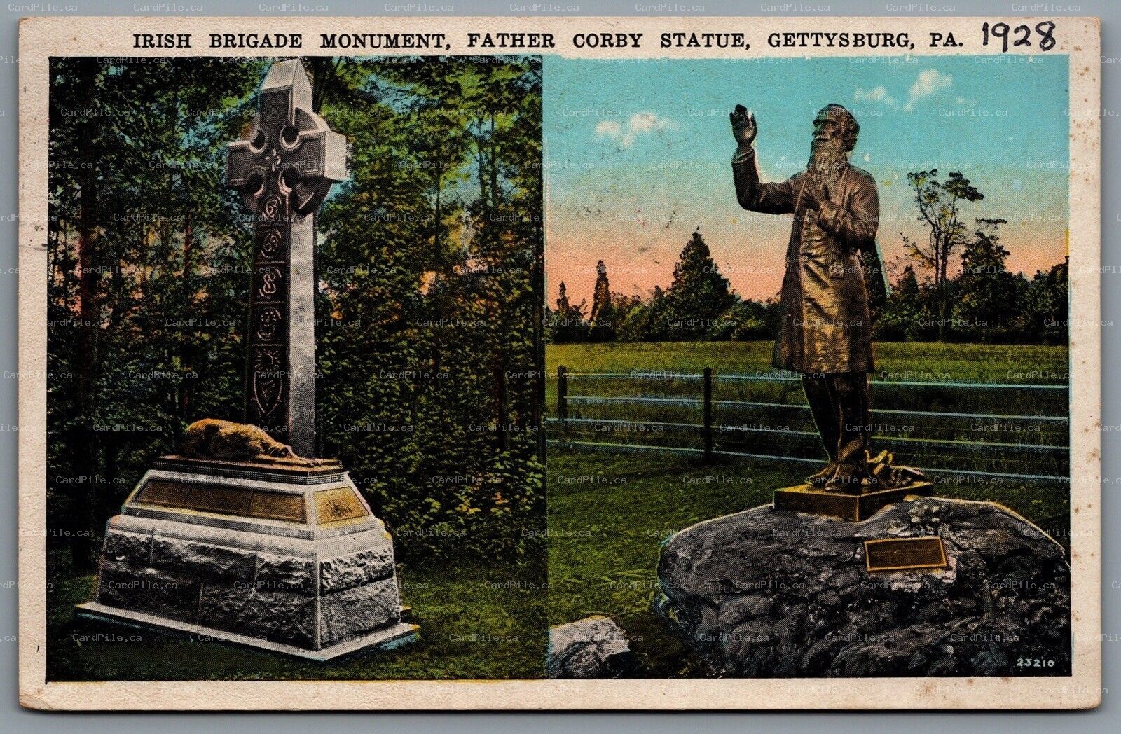 Postcard Gettysburg PA c1928 Irish Brigade Monument Father Corby Statue Cross