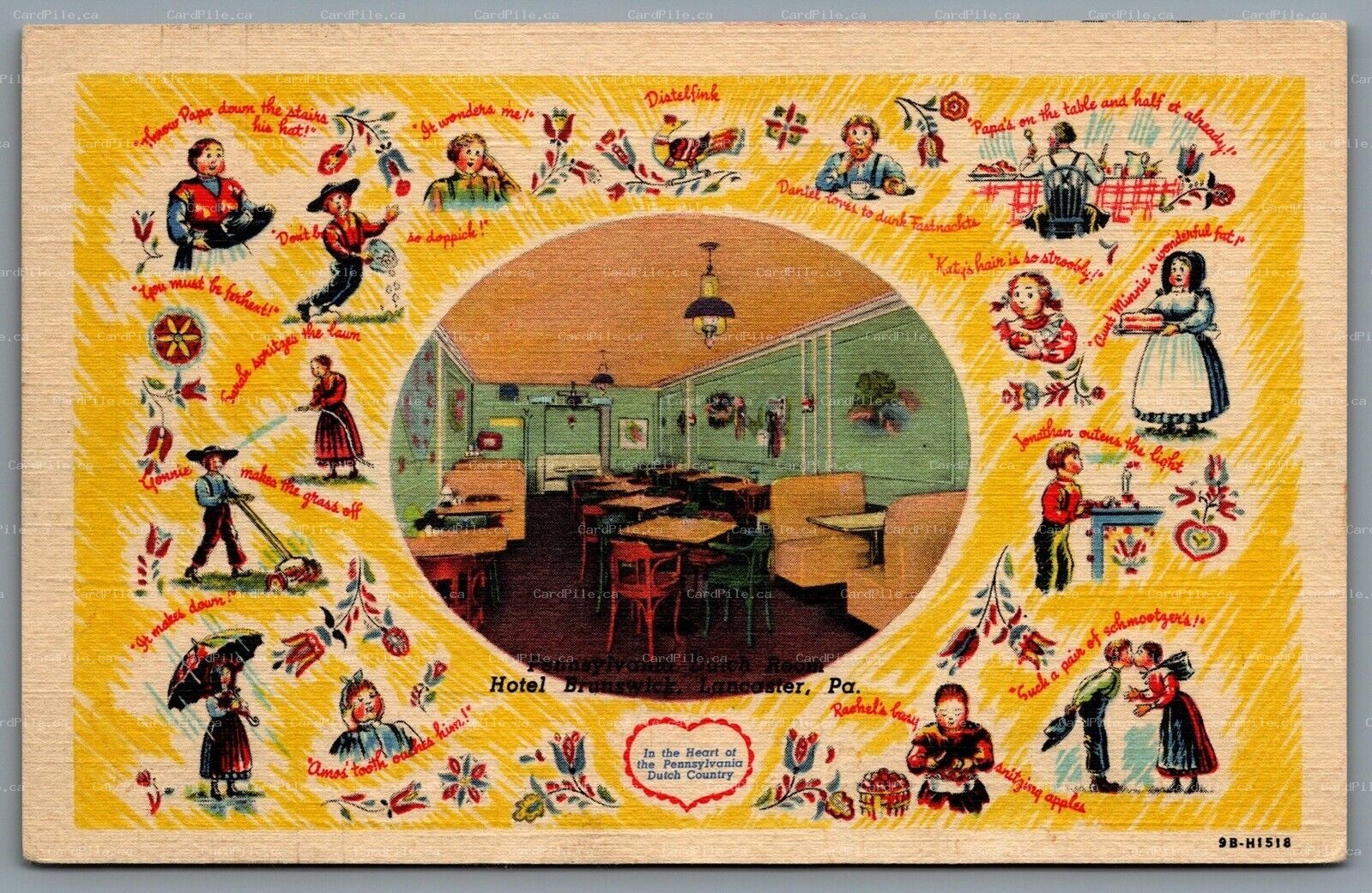 Postcard Lancaster PA 1949 Pennsylvania Dutch Room Hotel Brunswick Advertisement
