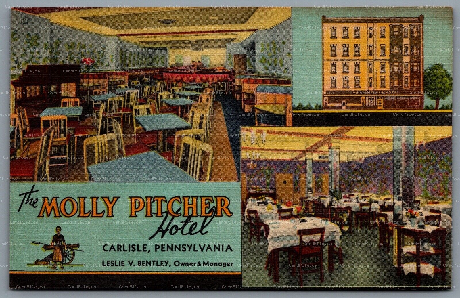 Postcard Carlisle PA c1942 The Molly Pitcher Hotel Owner Leslie V. Bentley 