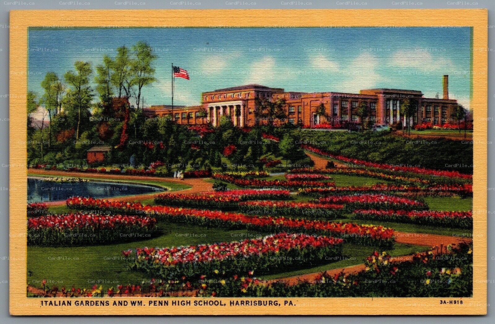 Postcard Harrisburg PA c1933 Italian Gardens and William Penn High School