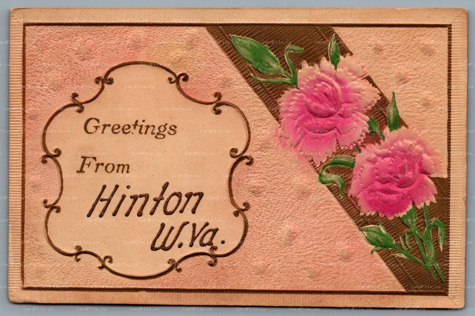 Postcard Hinton WV c1910 Greetings From Hinton W. VA Embossed RPO Duplex Cancel